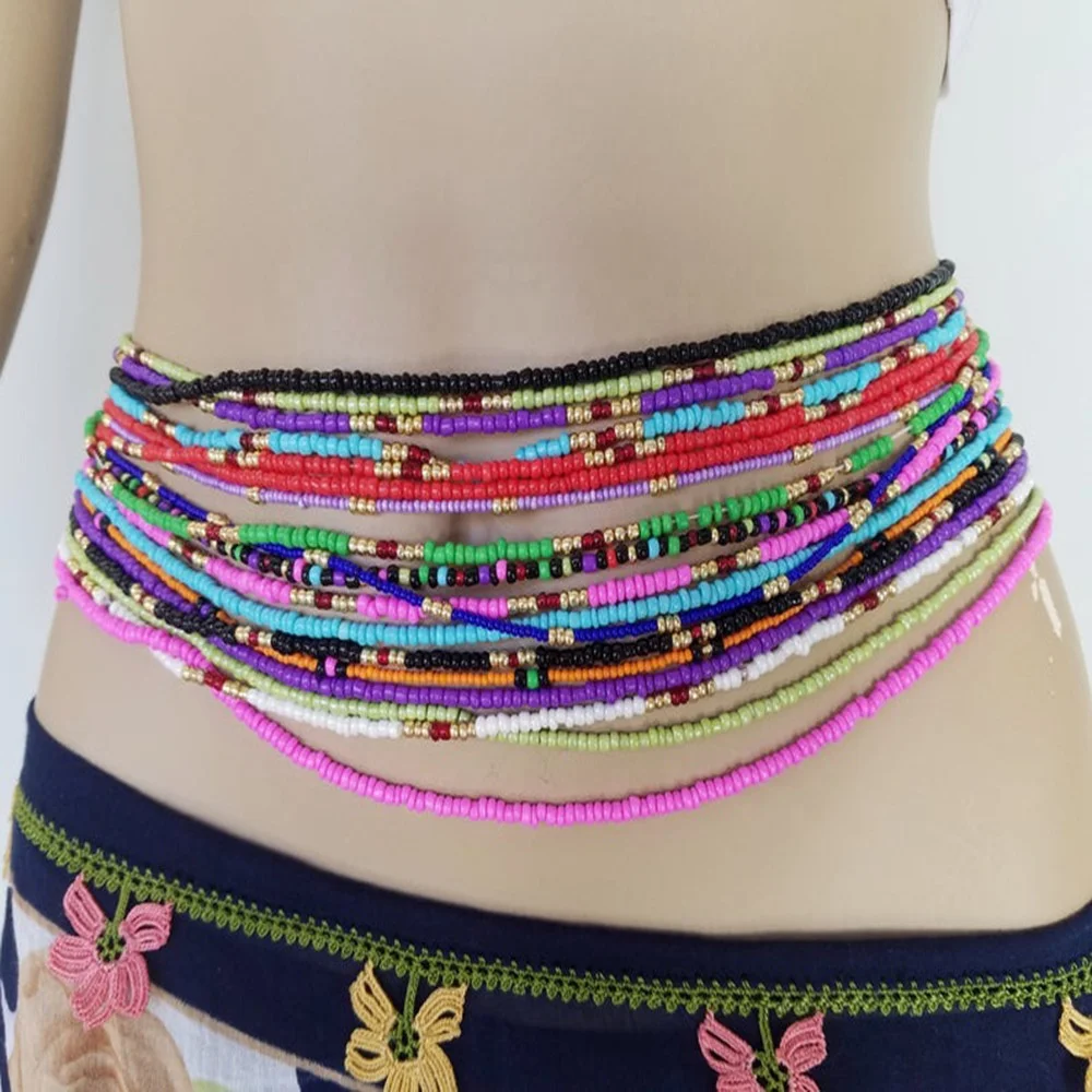 

wholesale glass seed beads beaded Ghana Africa 2pcs a set body chain belly gold waist beads jewelry for women weight loss, Colorful