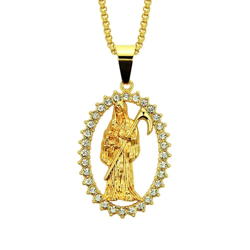 

Fashion Crystal Rock Death Sickle Skull Pendant Necklace Mens Skull Necklace Hiphop Jewelry