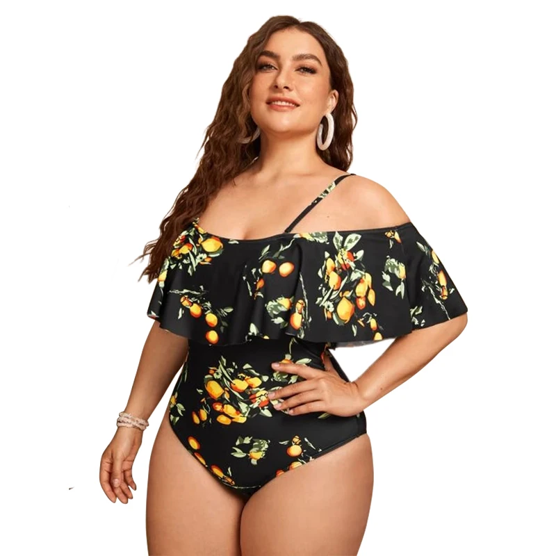 

2022 New Design DAMO Plus Size Ladies Fruit Printed One Piece Shoulder Women Swimsuit Tummy Control Girls Swimwear