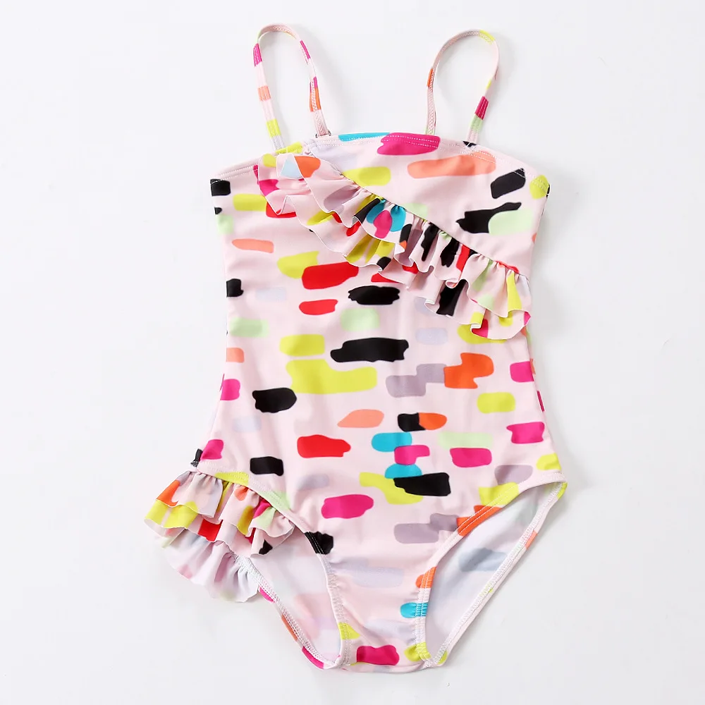 

Made Ruffled Sling Swimming Costume One Piece V Neck Doodle Pattern Swimsuit Little Girl Swimwear Kids Bathing Suits