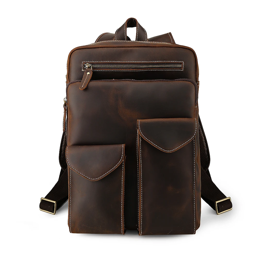 

Wholesale Custom Logo Brown Bags Crazy Horse Full Grain Leather Business College Men 15'' Laptop Backpack