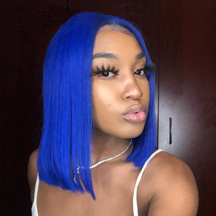 

Top quality blue color lace frontal bob wig 150% density 13*6 deep part color bob wig human hair