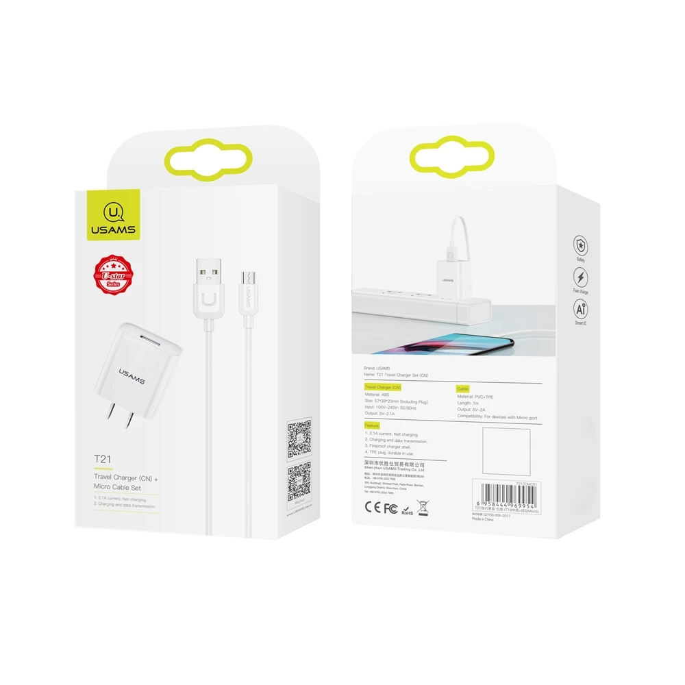 

Usams T21 USB Charger cable kit US Standard pin USB charging plug Set with cable T18 single USB US charger and for iphone cable