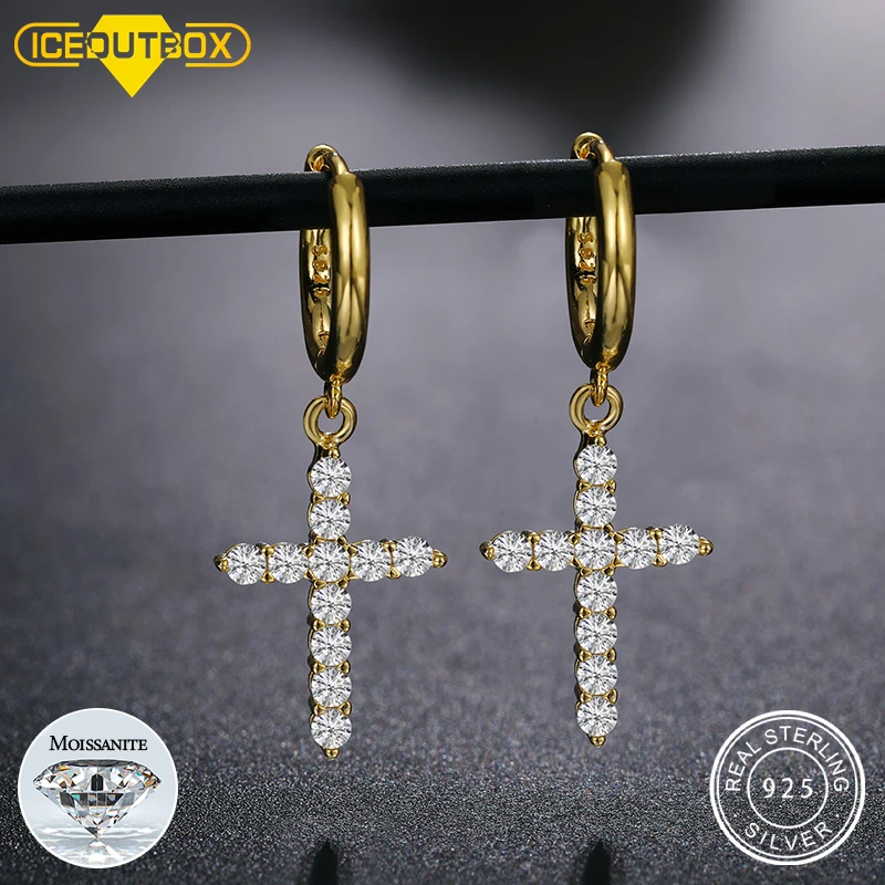 

Woman Man Fashion Cross Hoop Earrings S925 Silver 14k 18k Gold Plated Yellow White Moissanite Diamond Gem Drop Earrings, Gold/silver