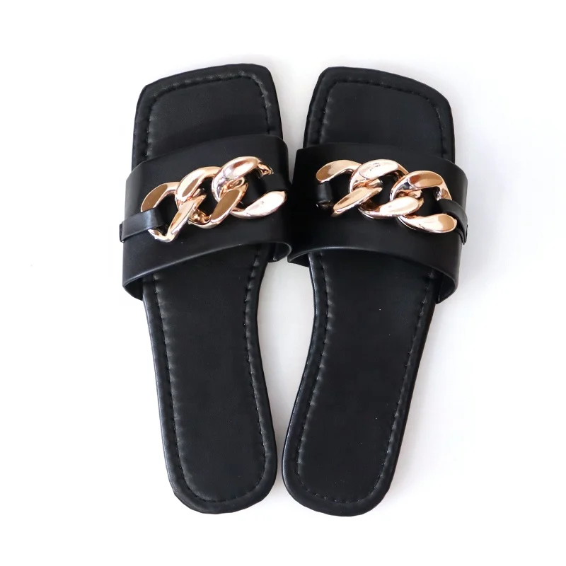 

New Style Summer Womens Thick Chain Sliders Flat Slippers Beach Sandals For Women