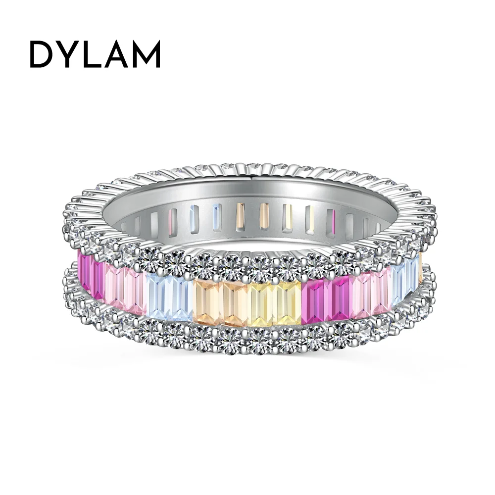 

Dylam In Stock New Design S925 Silver Rhodium Plated Hypoallergenic 5A Zirconia Colorful Baguette Eternity Band Women Rings