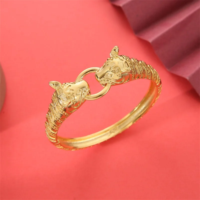 

Fashion Copper 18k Sand Gold Plated Open Bangles For Women double Tiger Head Bracelet Bangle Wedding Party Jewelry Gifts, Gold color