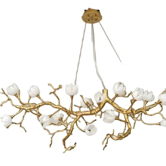 MEEROSEE Popular Brass Copper Linear Tree Branch Chandelier Lighting Decorative Bloom Hanging Pendant Light Fixture MD86928