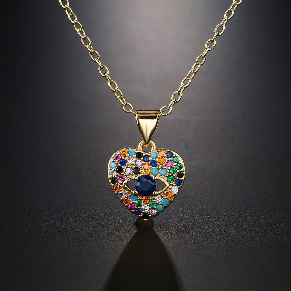 

18k Gold Plated Colorful Cz Crystal Heart Shape Necklace Rainbow Zircon Evil Eyes Heart Necklace, Picture shows