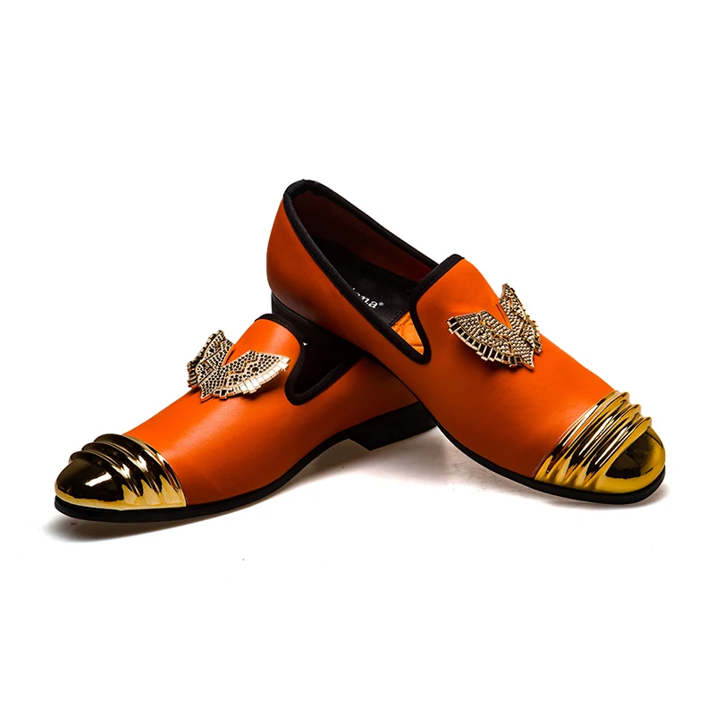 

Male Flats Gentlemen Casual Slip on Shoes Gold Patent Leather Orange Loafers Men Formal Shoes