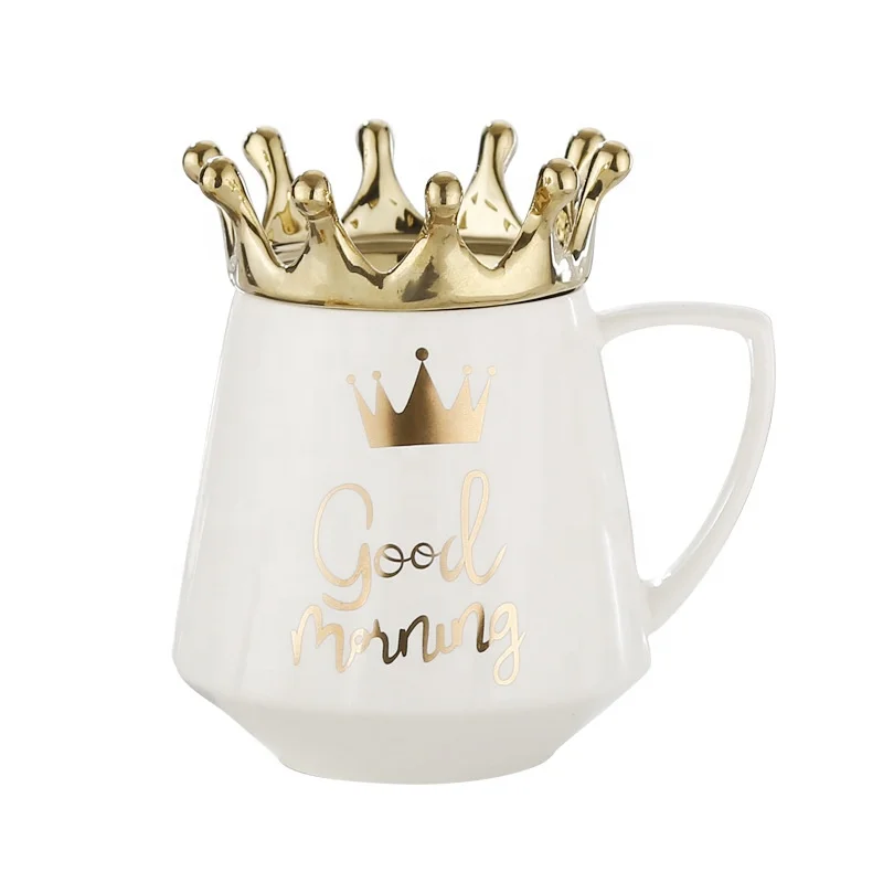 

Mixed Designs Nordic Gold Painted Crown Ceramic Mug with Lid, White crown custom mug