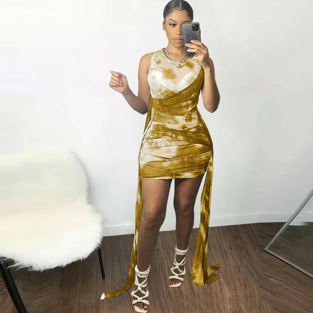 

H6451 - sexy fashion bandage sleeveless tie dye printed mesh women mini dress