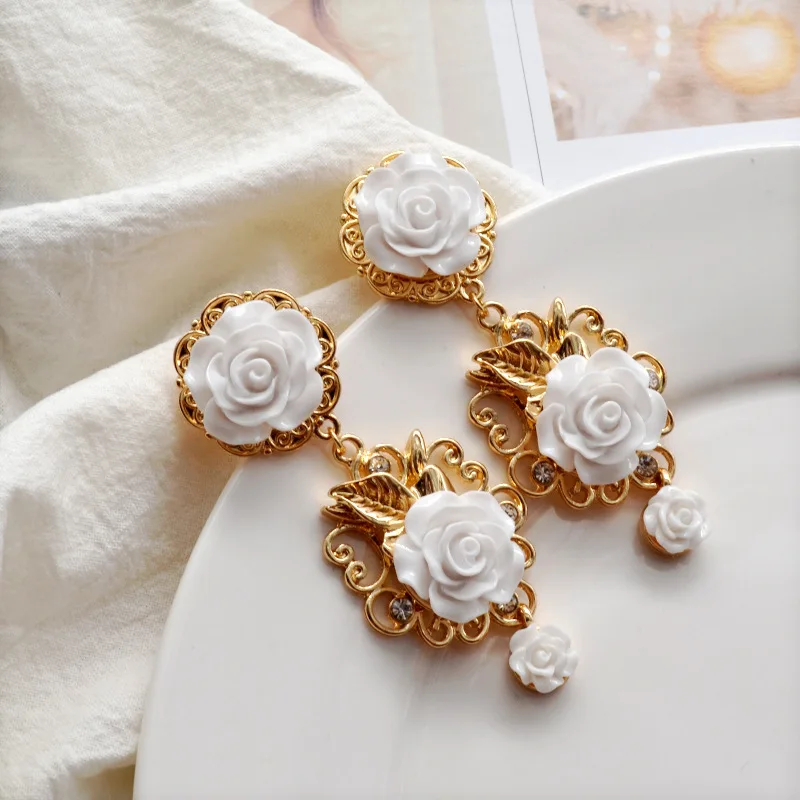 

Vintage Baroque Gold Plated S925 White Rose Stud Earring CZ Zircon Flower Ear Clip