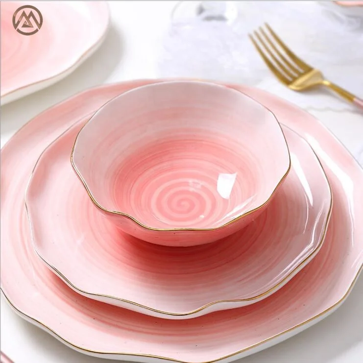 

Pink Stoneware Irregular Modern Dessert Plate Ceramic Fruit Bowls Dinnerware Set