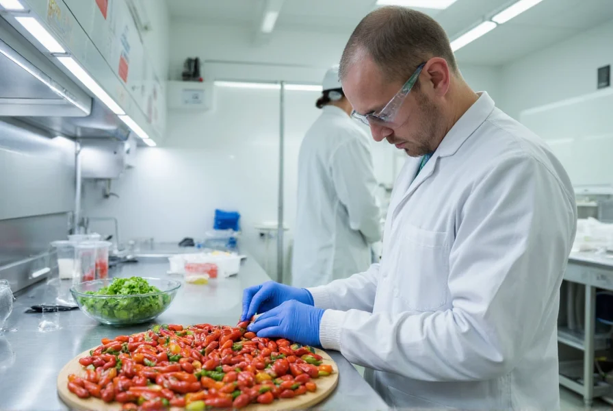 Scientist in laboratory setting using protective equipment to measure capsaicin concentration in chili peppers