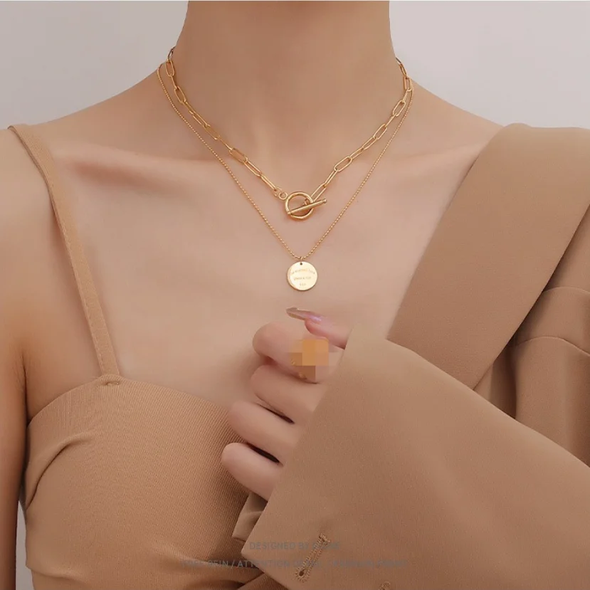 

Fine Jewelry 2 Layer Vintage Coins OT Lock Charms Thick Chain Choker Necklace Pendant For Women