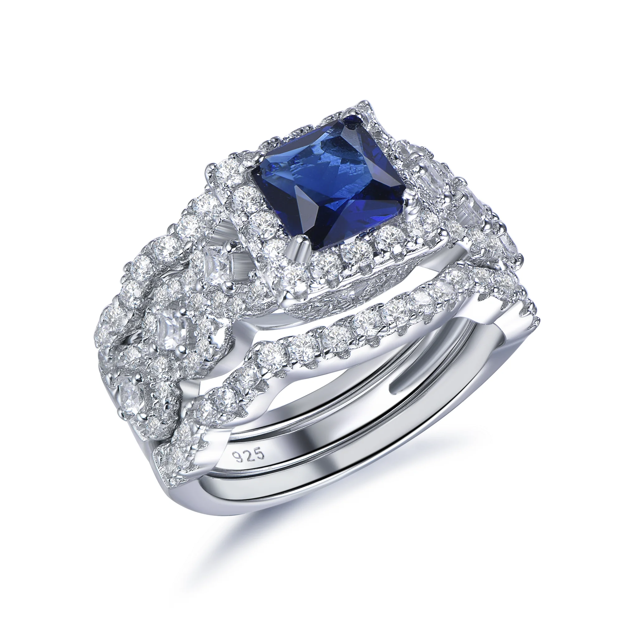

Kirin jewelry cubic zirconia Blue Sapphire diamond woman engagement wedding ring silver ring Luxury Ring set