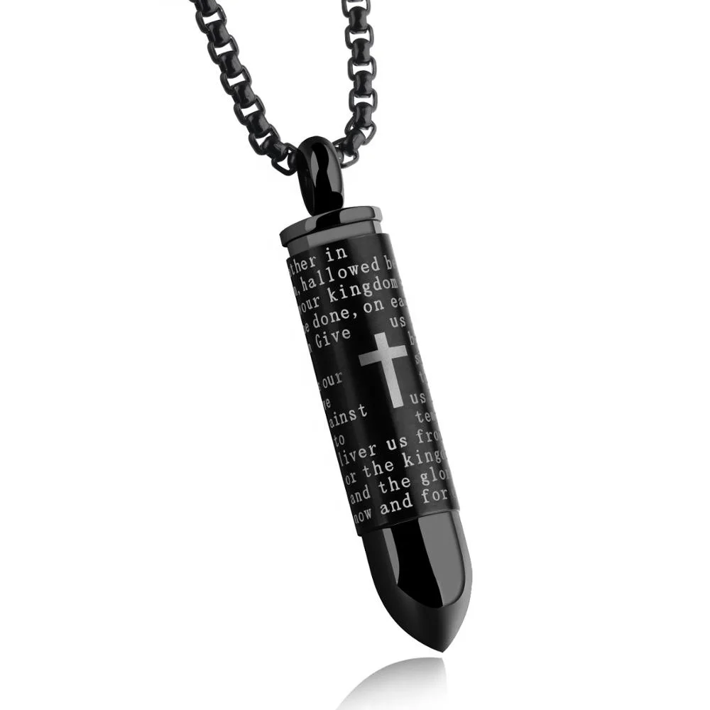 

Latest Design Engraved Stainless steel male jesus cross scriptures jewelry cremation urn ash pendant bullet necklace