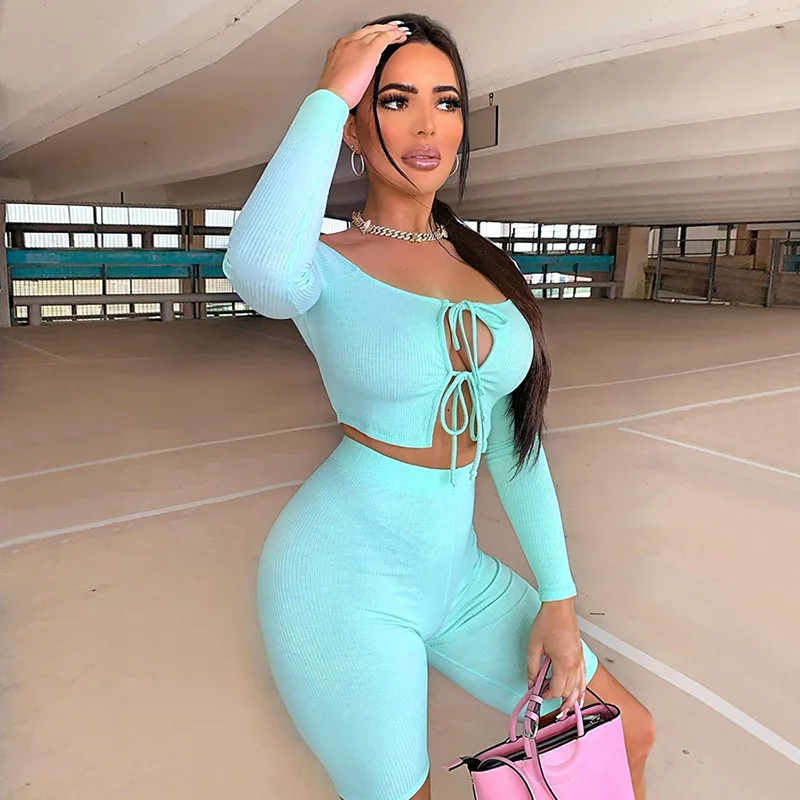 

Fashion Long Sleeve Lace Up Shirts Ladies 2020 For Women 2pcs Biker Shorts Sets, Customized