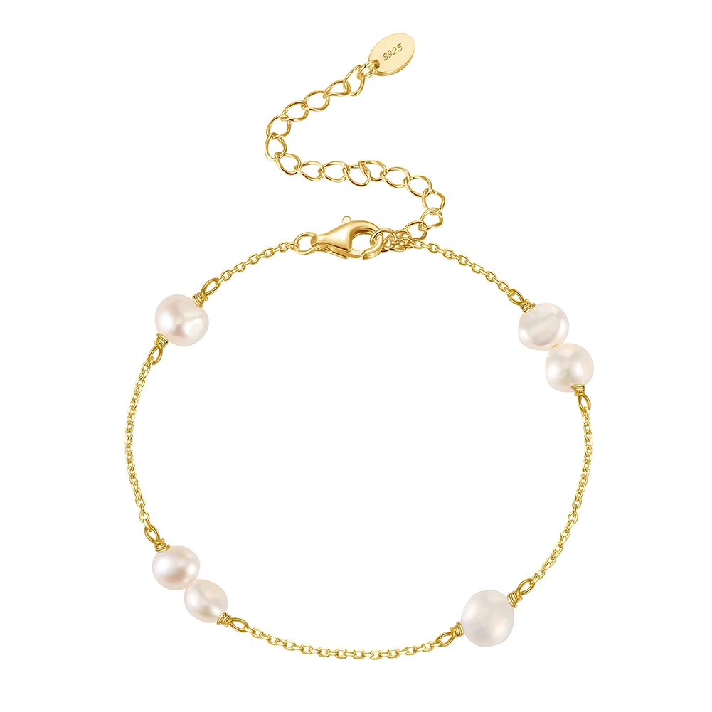 GPB27 RINNTIN Pearl Bracelet 925 Sterling Silver 14K Gold Plated Freshwater Cultured Pearl Bracelet Jewelry