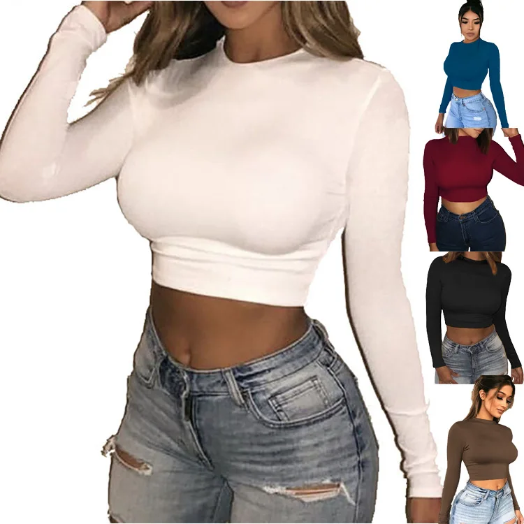 

2021 New Arrival Stylish Wholesale Long Sleeve Solid Color Club Wear Casual Women Crop Top, As shown