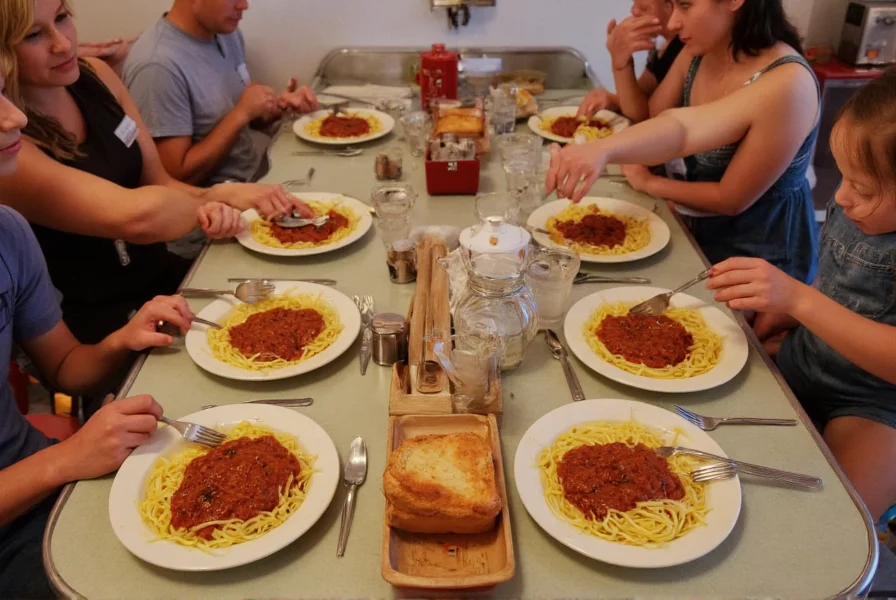 Vintage 1950s-style diner counter with multiple orders of Cincinnati chili spaghetti in different 'ways' with customers enjoying the meal