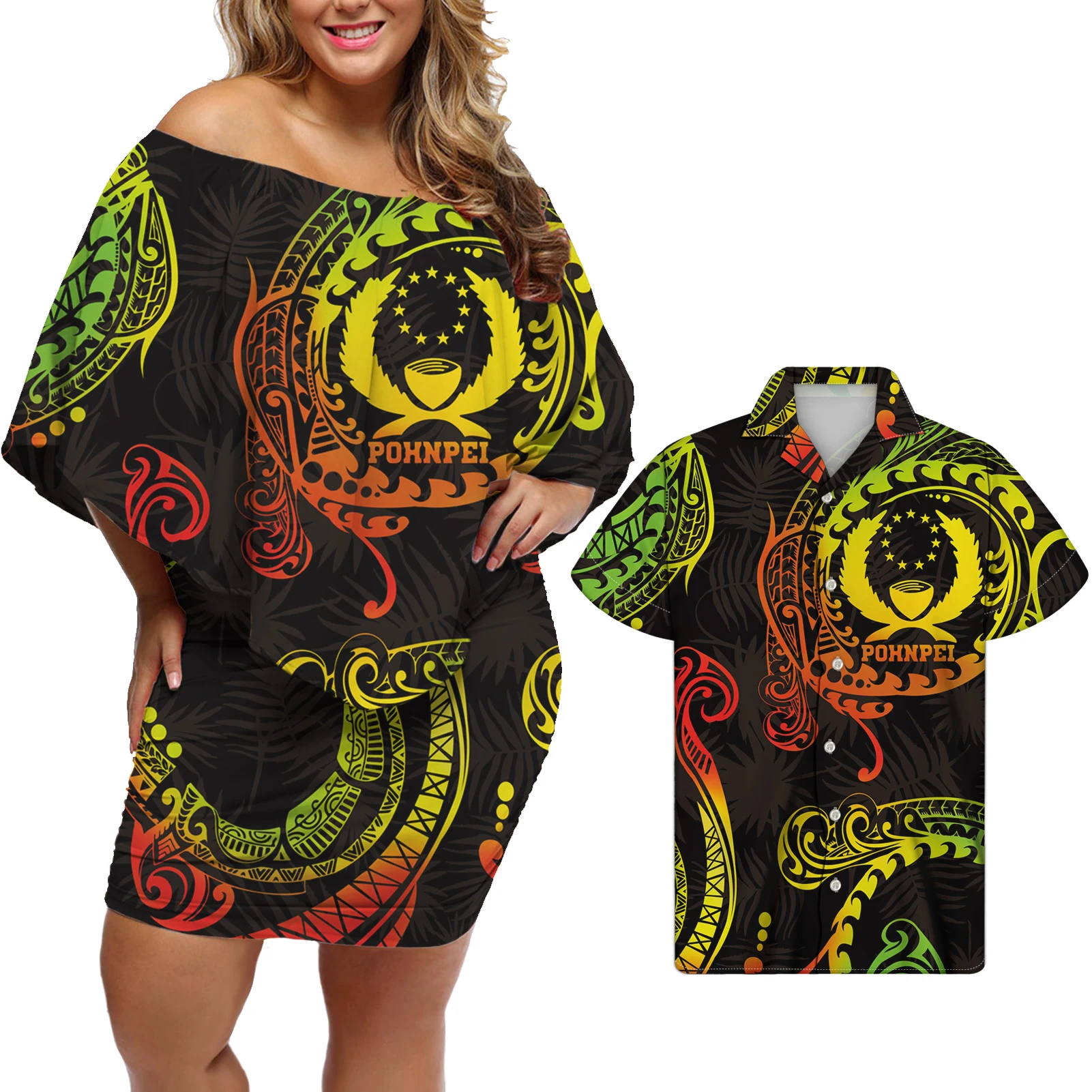 

Vintage Pohnpei Tribal Print Couple Outfit Sets Luxury One Shouder Dresses Women Elegant Wholesale Clothing Dresses Casual, Customized color