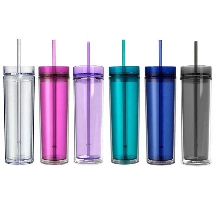 

16oz Classic insulated double wall Acrylic skinny colorful Tumbler With Straw Plastic tumblers, 6color