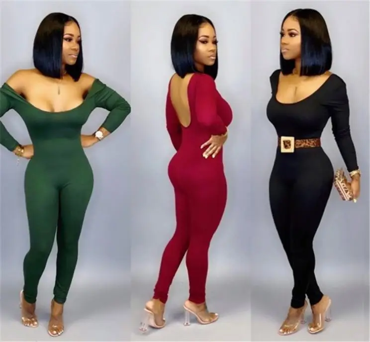 

W6112 woman backless long sleeves rompers lady bodycon jumpsuit women solid color color sexy jumpsuit 2020