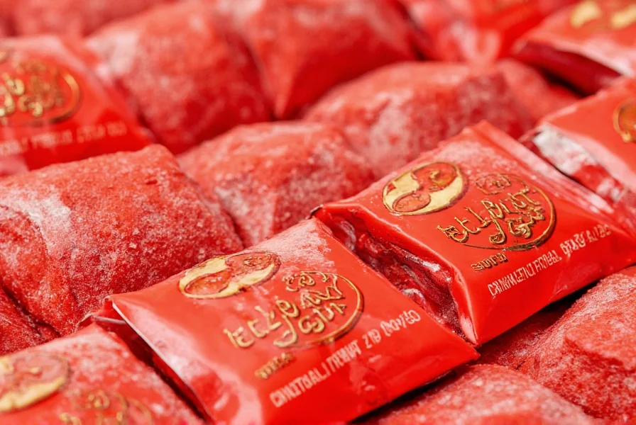 Close-up of extra cinnamon gum pieces showing distinctive red packaging and texture