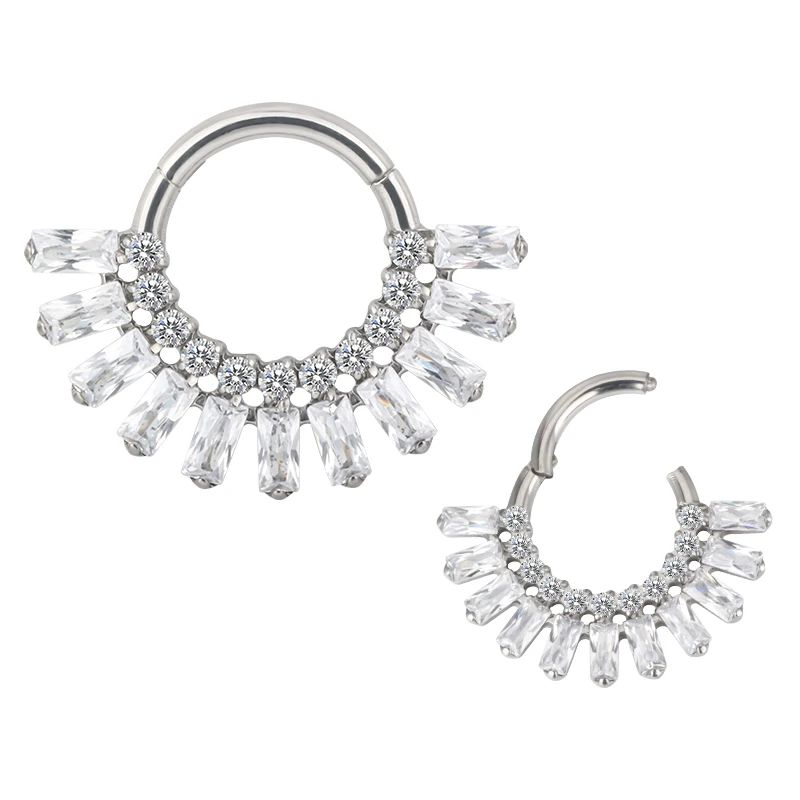 

GZN Newest G23 Titanium Hinged Segment Hoop Clikers Ring With Round and Baguette CZ Fan Nose Ear Jewelry