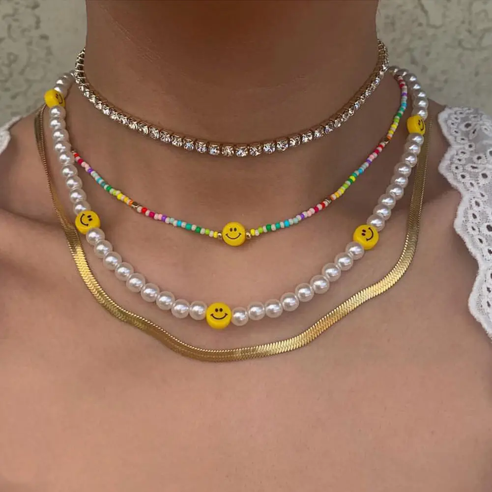 

Multi Layered Crystal Pave Imitation Pearl Snake Chain Colorful Rice Bead Happy Smile Face Necklace For Women, Gold plated