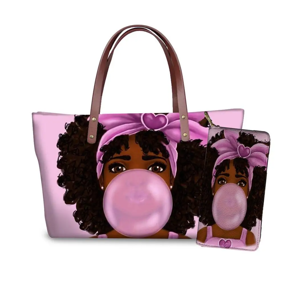 

2pcs Handbags Set Women Black Art African American Girls Printing Beach Bags Ladies Hand Bag&Purse Females Totes
