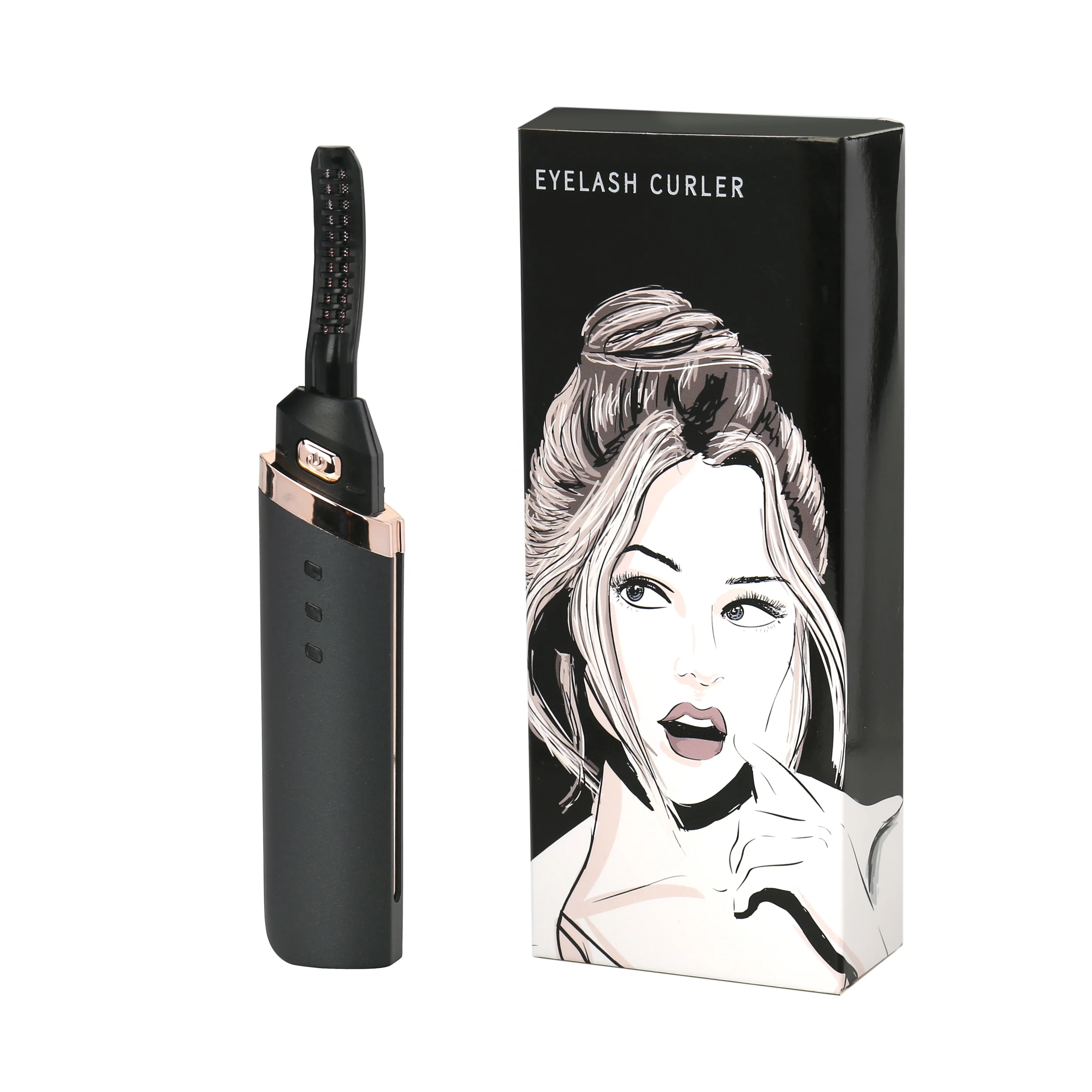 

Wholesale rechargeable ceramic mini USB electric heated eyelash curler, White, black, or customized