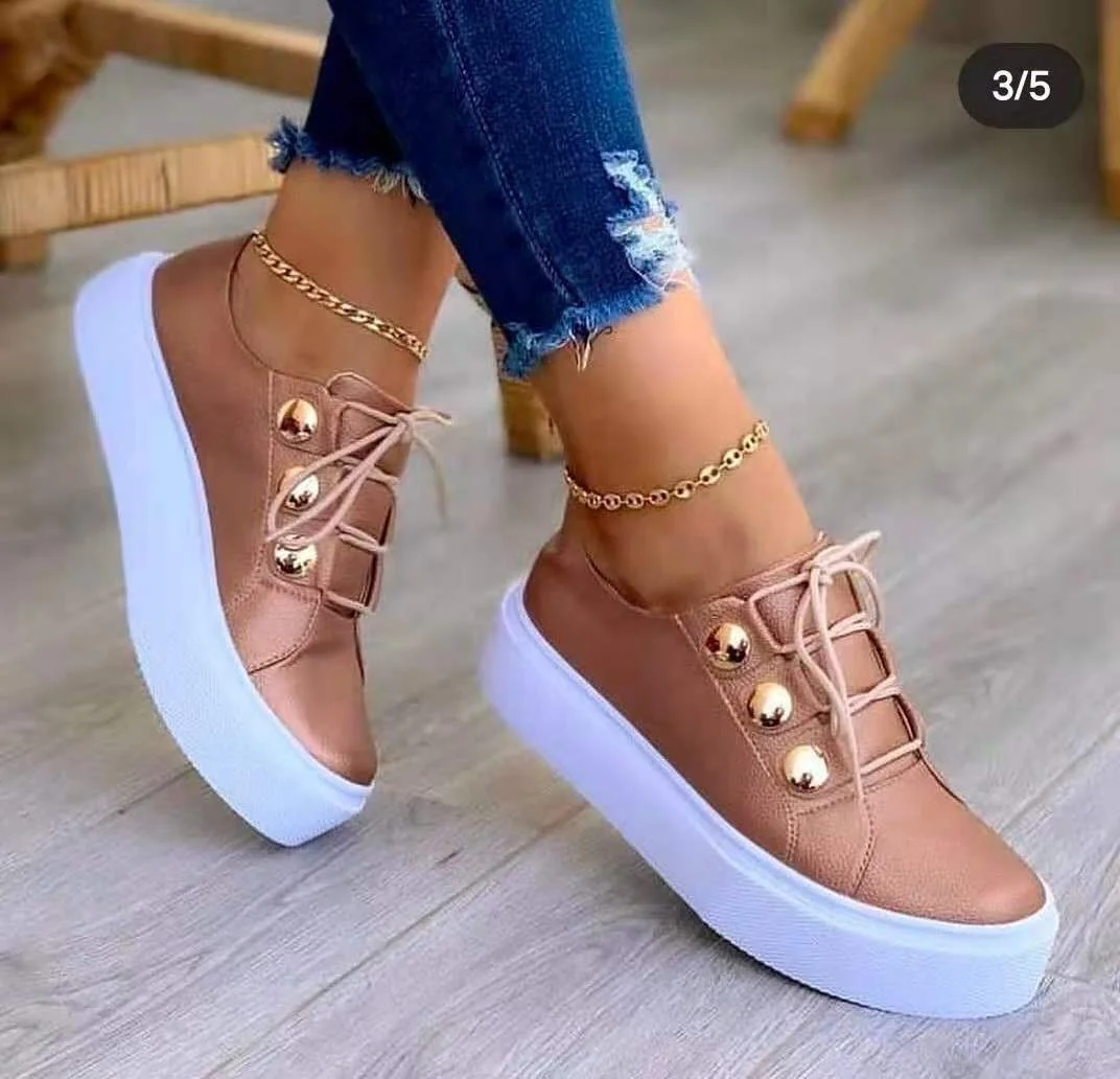 

New Arrival Lady Round Toe PU Solid Color Lace Up Women's Sneakers Ladies Women Leather Flats Shoes, Black white gold rose gold