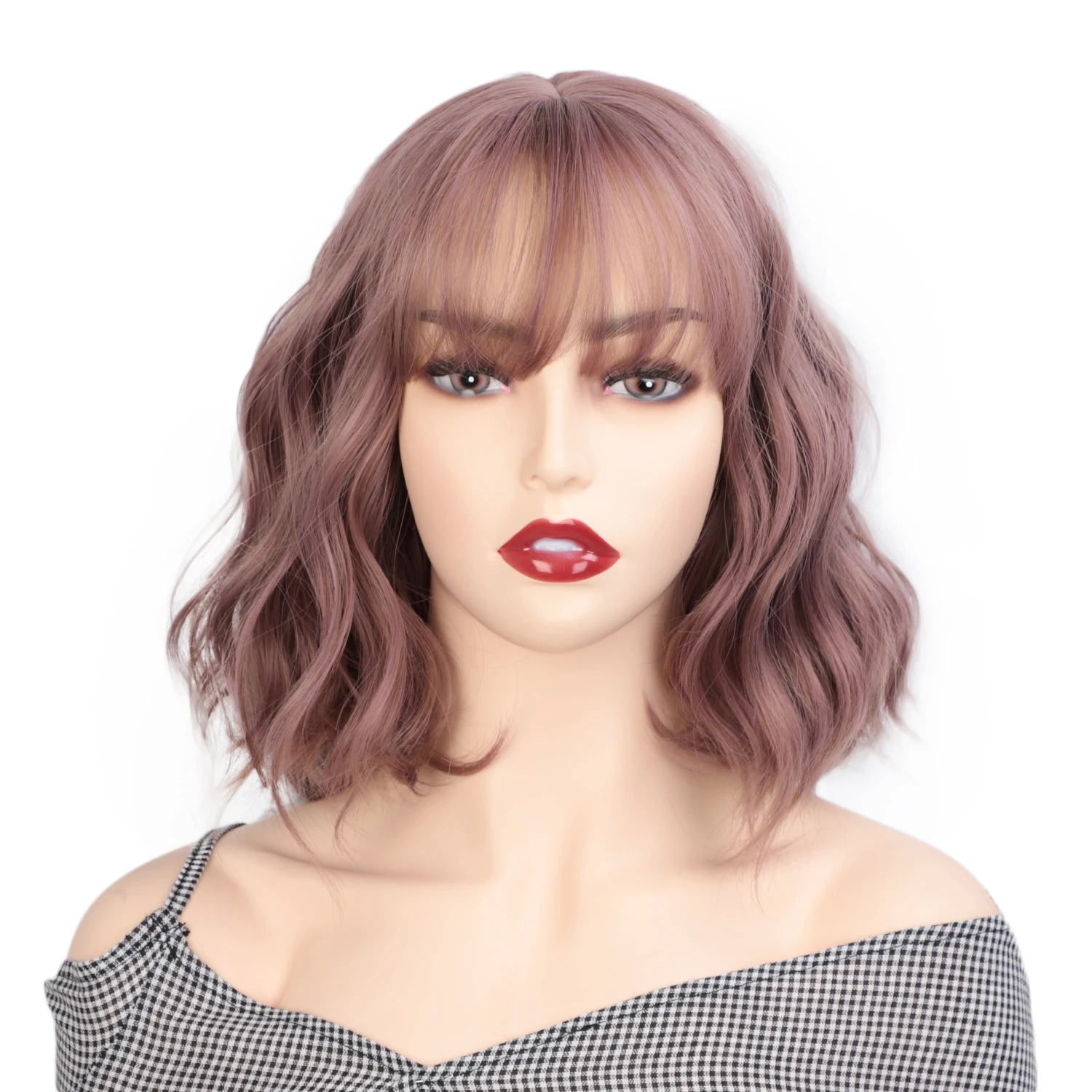 

Aisi Hair Vendor Cheap Wholesale Cosplay Water Wave 14 Inch Short Bob Pink Wig With Bangs For Black Women Synthetic Hair Wigs