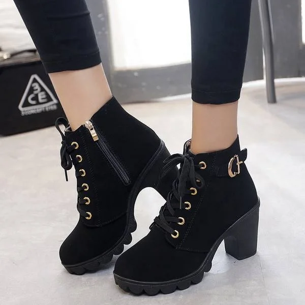 

Chunky booties Martin booties Lady's boots with round top and lace-up Frosted boots with high heels