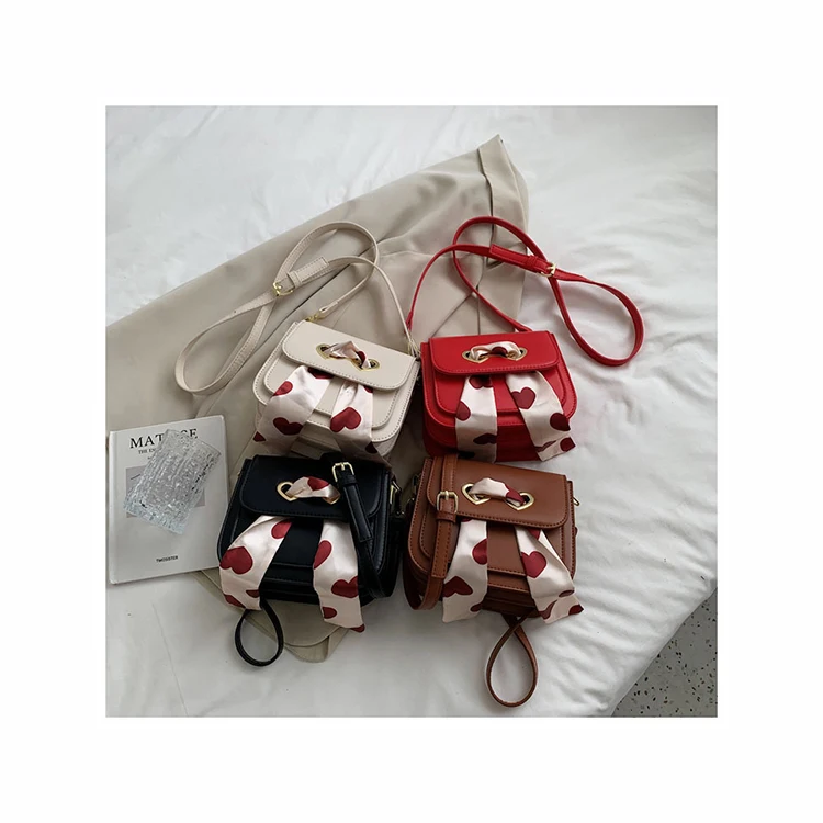 

Double Heart Lock Purses Women Casual PU Leather Shoulder Bag Solid Color Lady Small Crossbody Flap Handbag With Dot Scarf