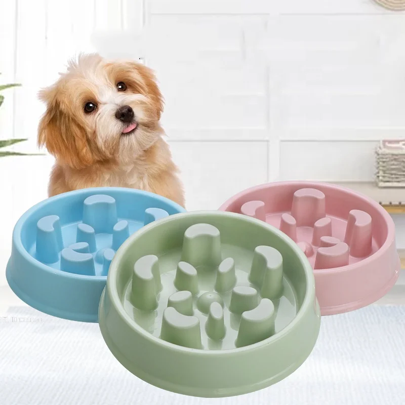 

Secure anti choke dog plastic pet food bowl slow eating speed for puppy healthy training plate raised cat dog food bowls, Pink blue green