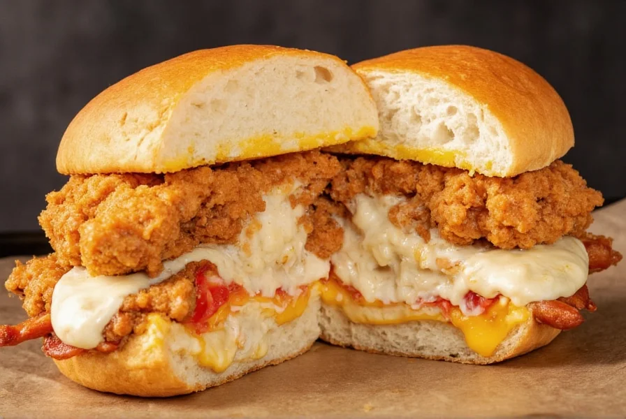 Finished ghost pepper ranch chicken sandwich with melted cheese, crispy chicken, and creamy sauce visible in cross-section