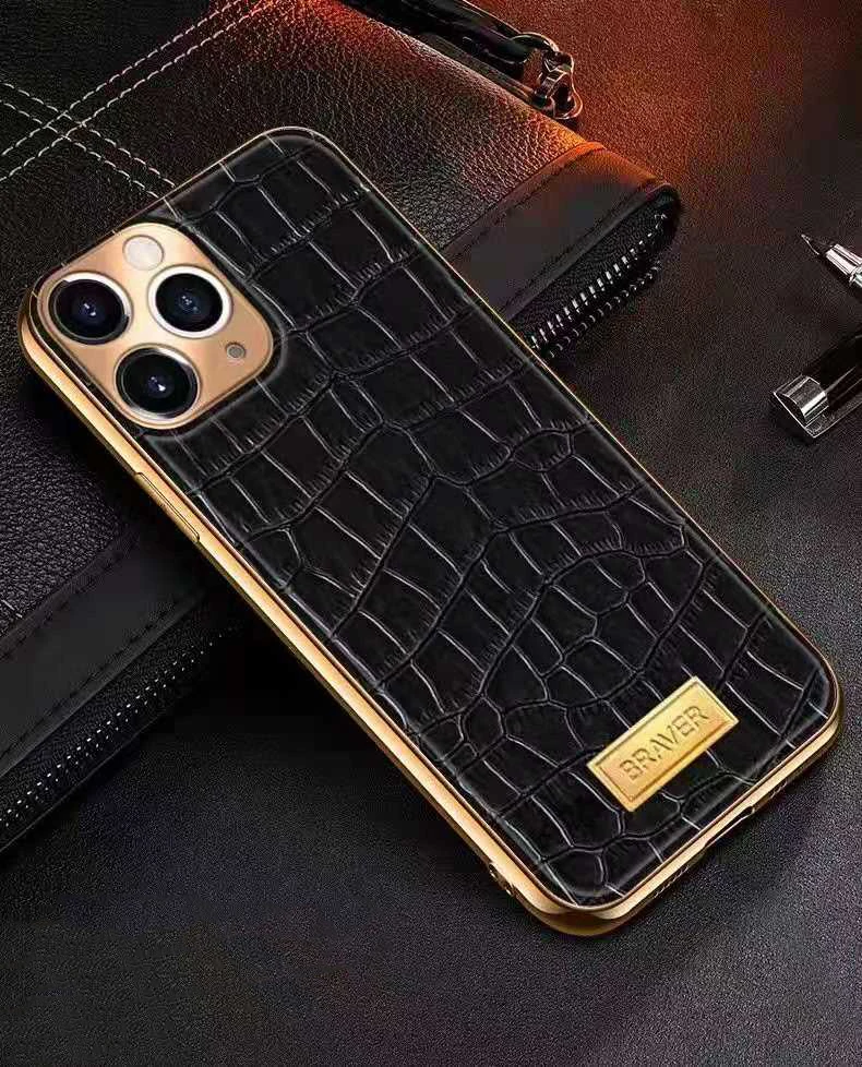 

Luxury Crocodile High quality Gold frame Genuine Leather Phone Case for iPhone 12 case, Colors optional