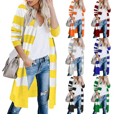 

wholesale Contrast striped sweater coat winter women knitted cardigan de mujer