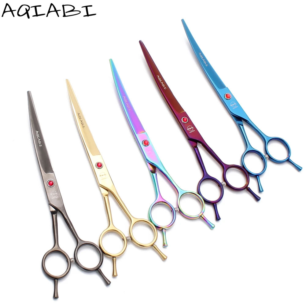 

Dog Grooming Scissors 7" AQIABI Japanese Steel Up Curved Shears Pet Scissors A4002, Red handle