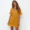 Deep V Neck Tie Wrap Ruffles Detail Solid Color Short Sleeve Dresses