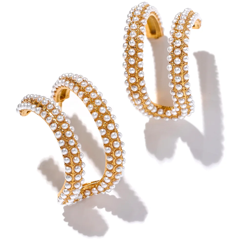 JINYOU 1582 Elegant Artificial Pearls Stainless Steel Gold Color Hoop Earrings 18K Plated Fashion Romantic Charm Jewelry Women