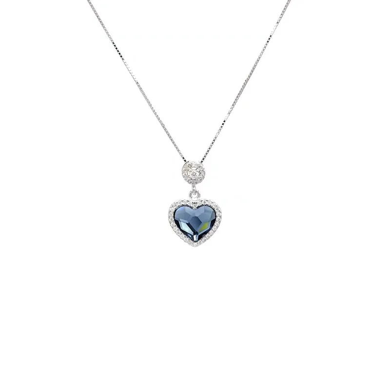 

925 Sterling Silver Gold Plated Blue Heart Shape Crystal Necklace For Girl