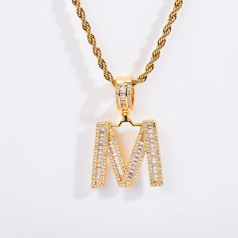 

2022 Bling Mens Hip Hop Iced Out Jewelry Gold Plated Baguette CZ Diamond Letter Initial Pendant Necklace