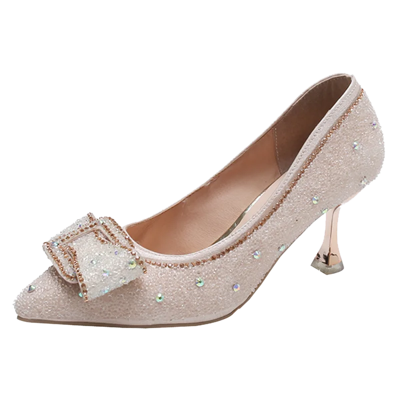

Bowknot pointed toe shoes women 2021 new stiletto wedding shoes rhinestone shallow mouth high heels