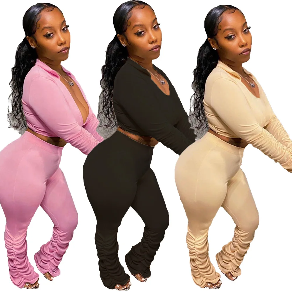 

S2951A new style tops and stacked pants women sexy two piece set fall clothing