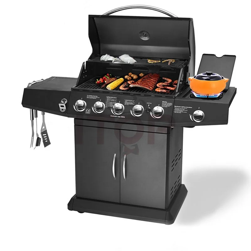 

5 Burners garden bbq machine gas grill commercial outdoor barbecue gas machine moveable party bbq grill trolley, Black